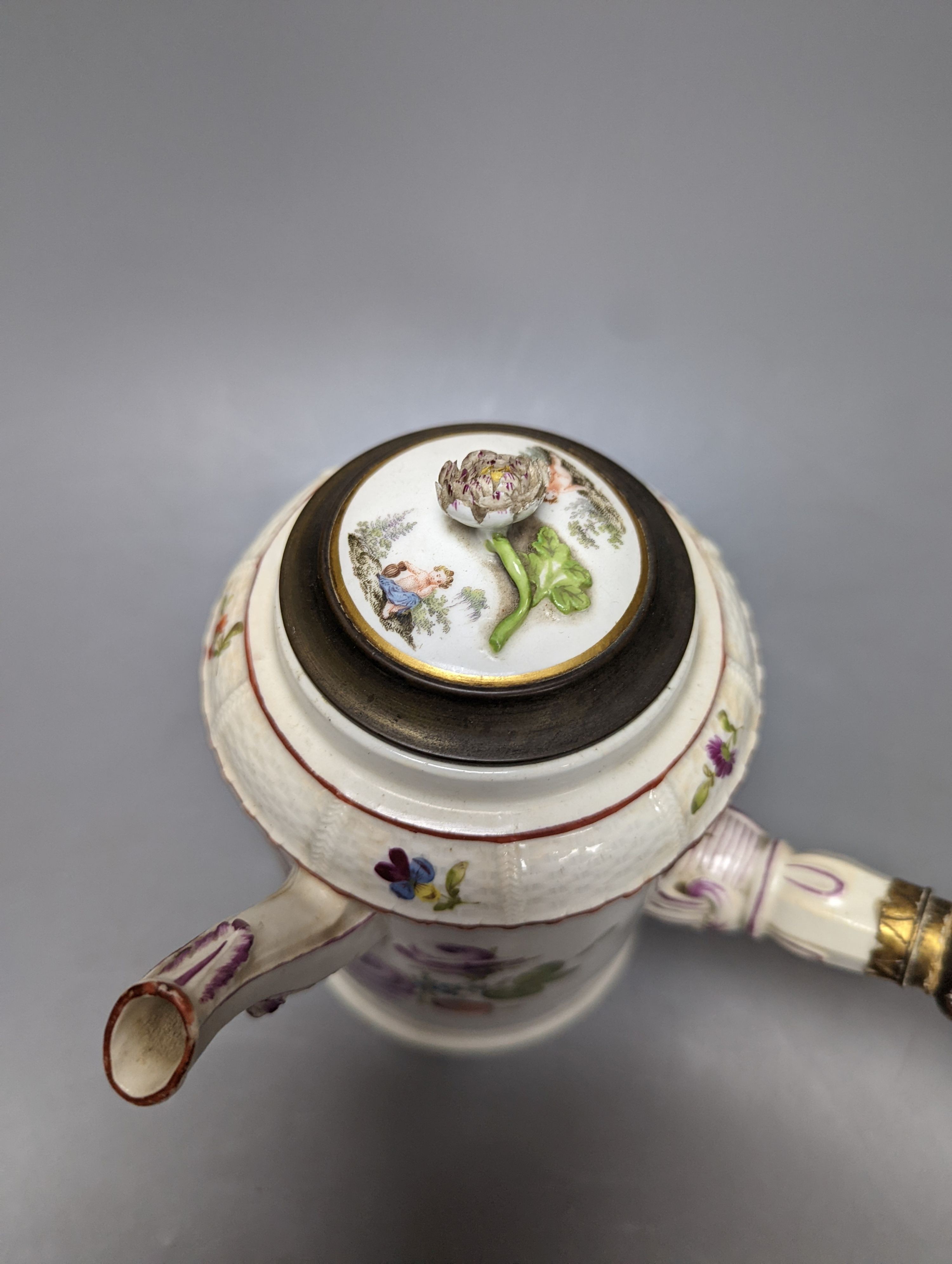 A Ludwigsburg chocolate pot, late 18th century, 18cm, associated ormolu mounted cover